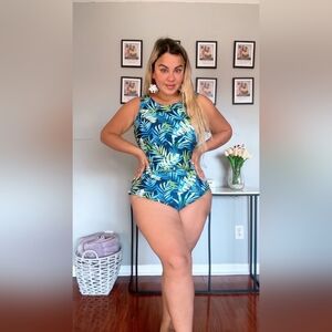 One-piece Swimsuit Bathing Suit High Neck Green Blue Floral 2025 NEW PLUS SIZE